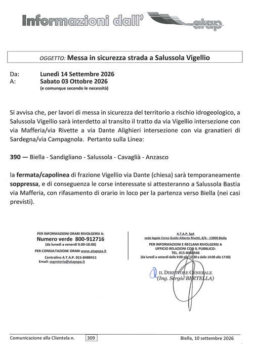 Lavori di messa in sicurezza idrogeologica a Salussola Vigellio: modifiche al servizio bus ATAP sulla linea 390
